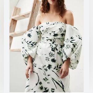 TANYA TAYLOR Alora Off-the-Shoulder Puff Sleeves Floral Cotton Midi Dress Size 6